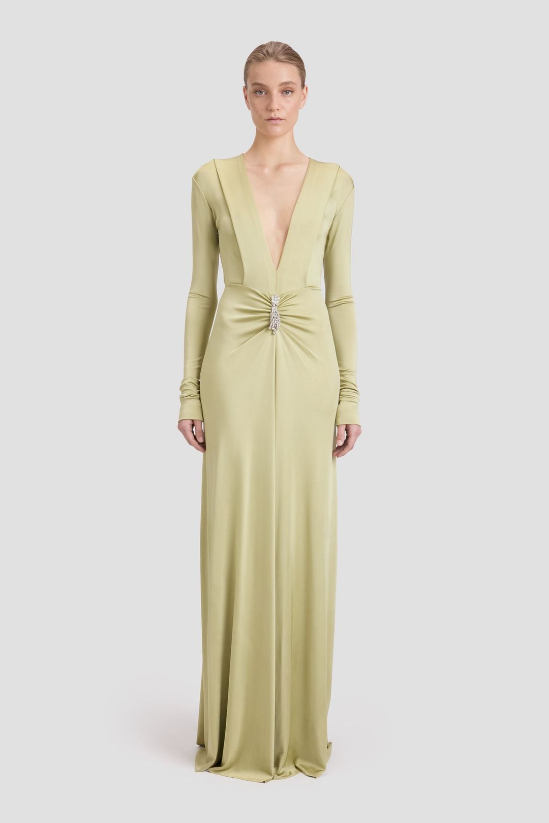Embellished Deep V-Neck Gown In Pistachio