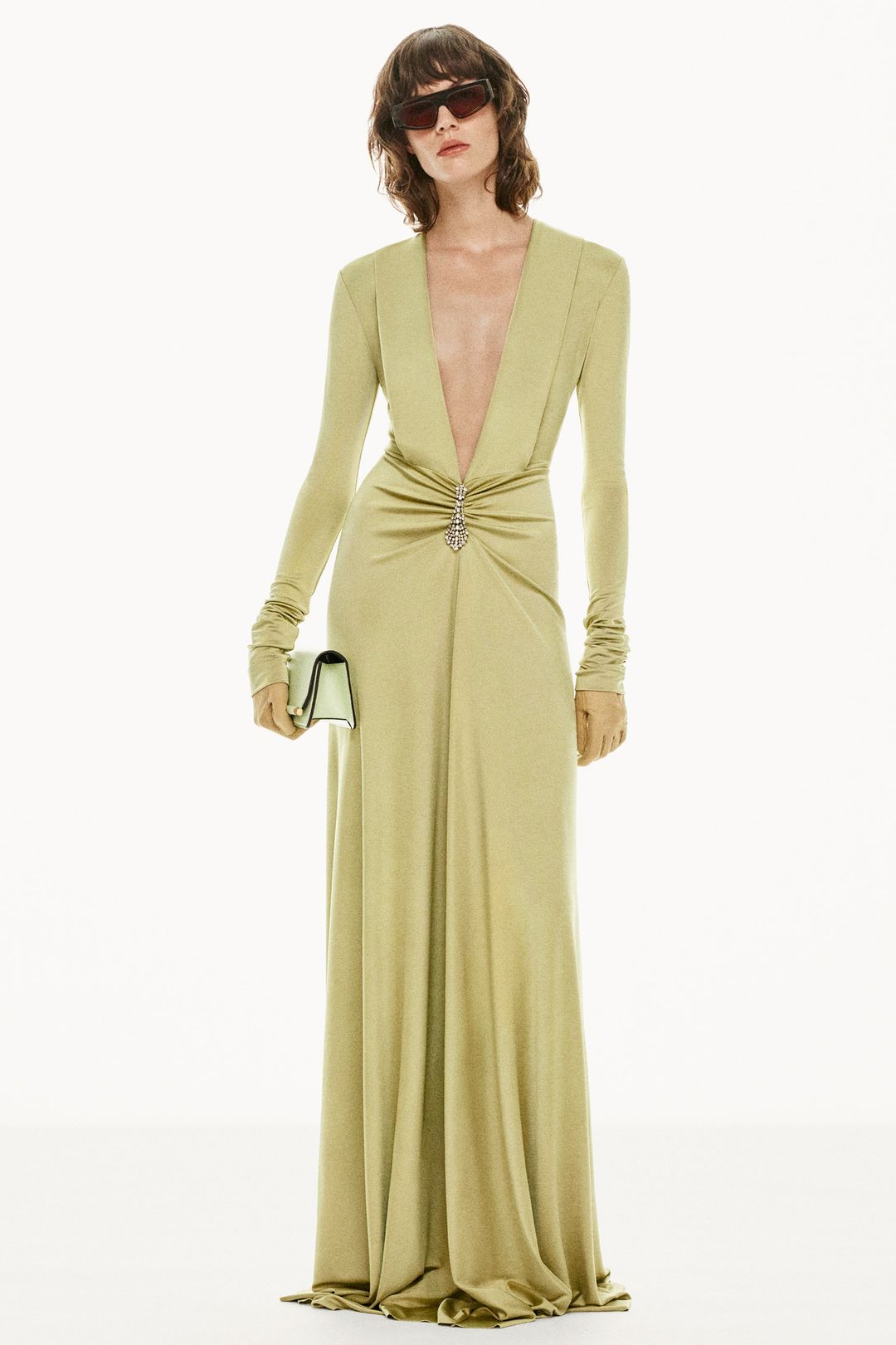 Embellished Deep V-Neck Gown In Pistachio