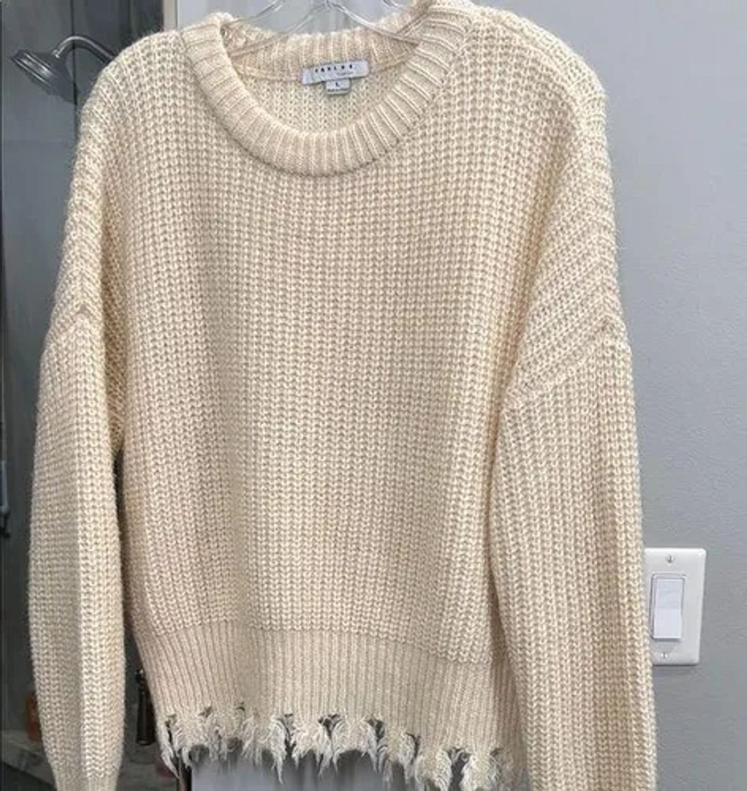 FAVLUX Cream Chunky Knit Crew Neck Sweater #4