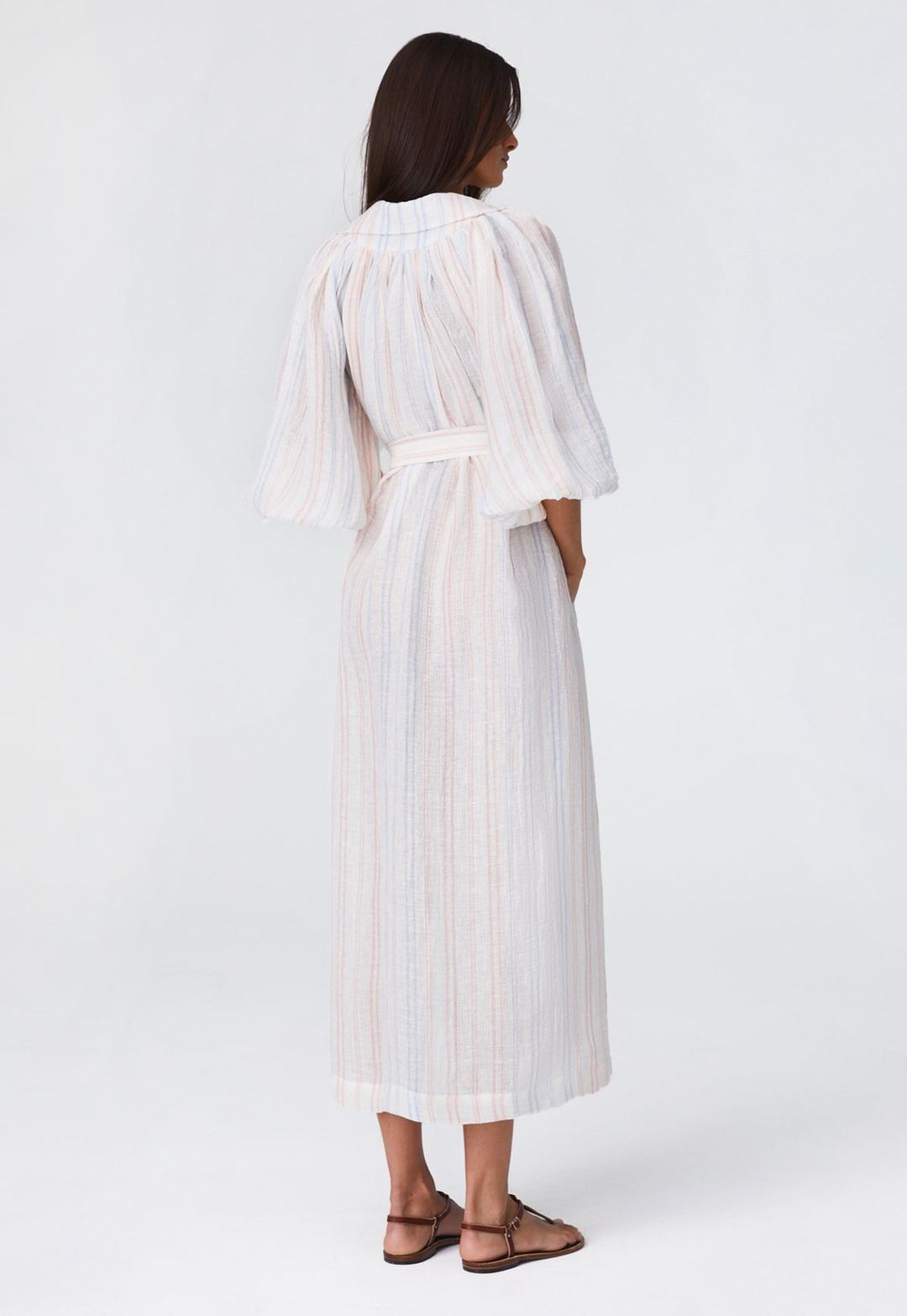 THE POET DRESS in WHITE & PINK & BLUE STRIPED GAUZE #2