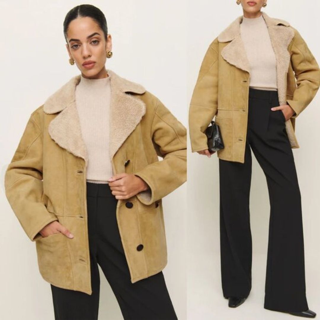 NWT Reformation Veda Luca Suede Shearling Coat Sz S Parmesan Suede Relaxed Fit