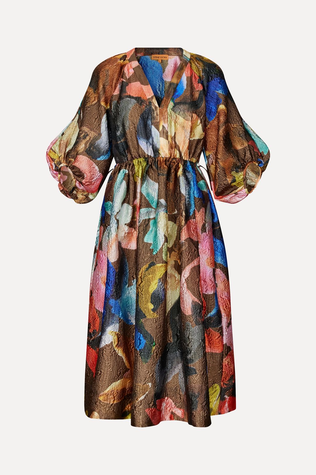 Three-Quarter Sleeve Elasticated Midi Dress - Aquarelle Garden