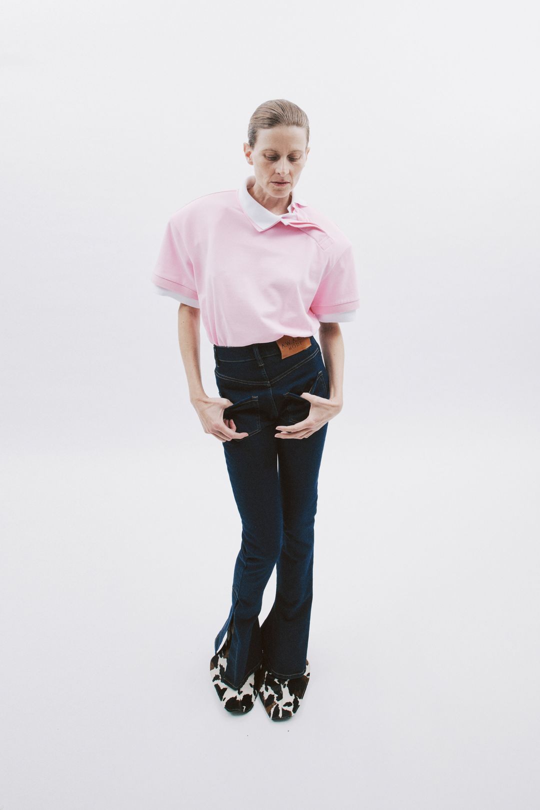 Fitted Stretch Flared Jeans With Side Slits Indigo Rinse Wash