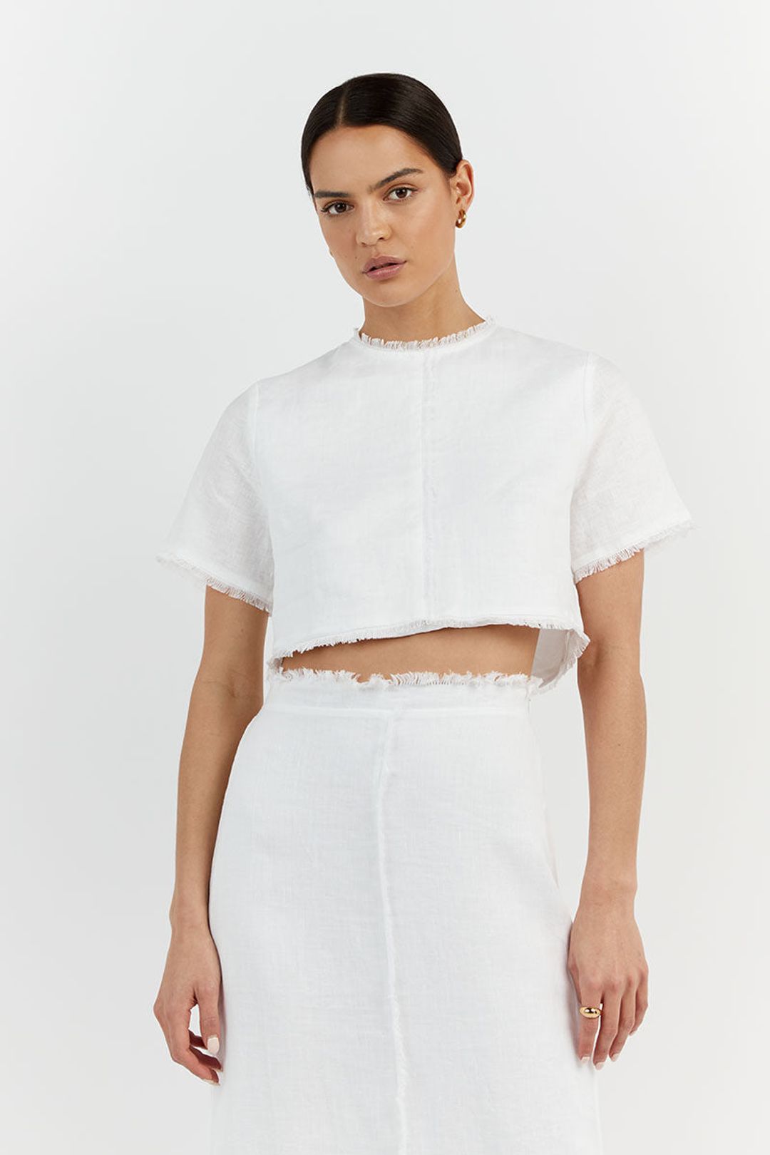 GEORGIE WHITE LINEN FRINGE CROP TOP
