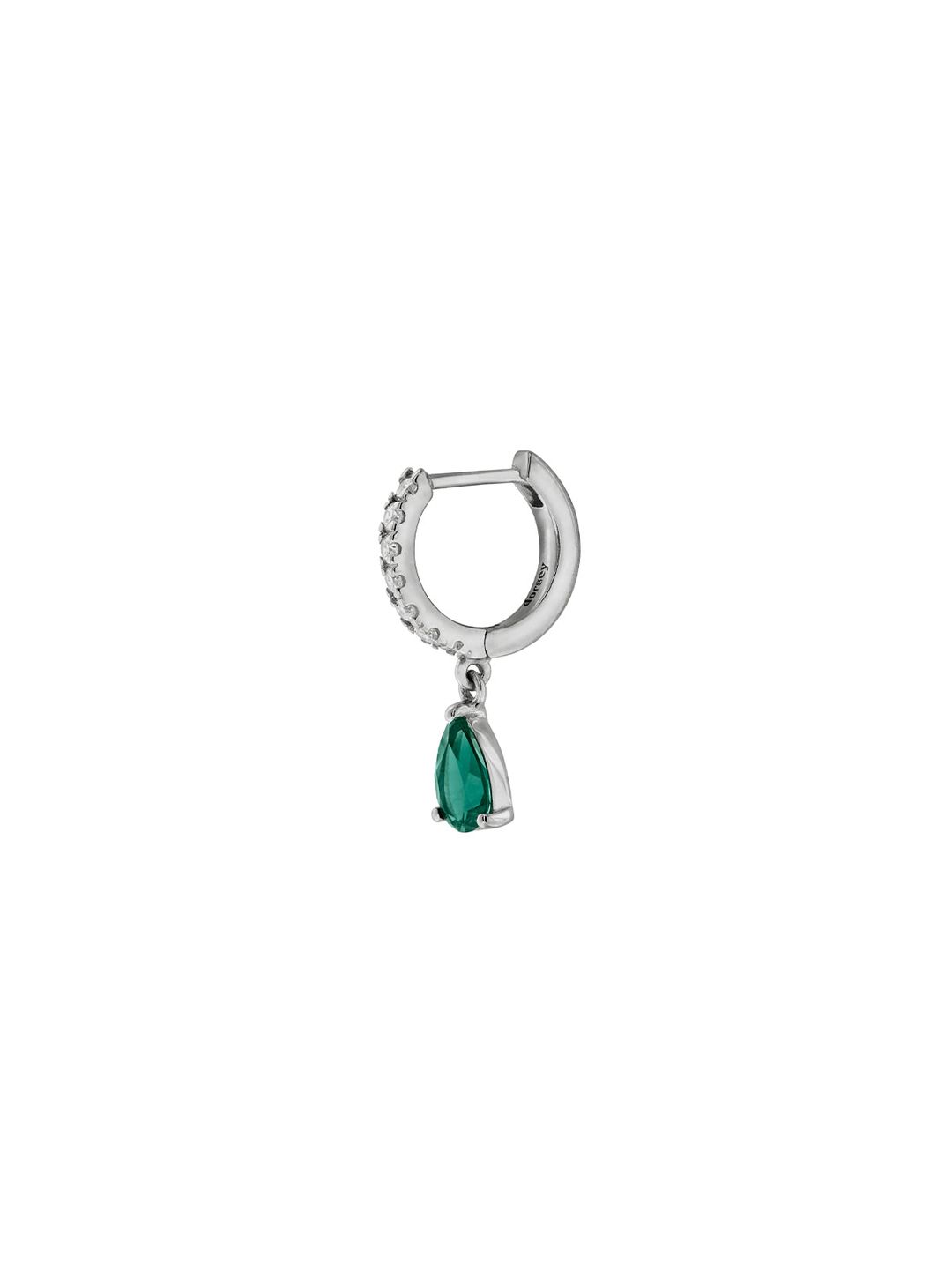 14K PAVÉ PEAR-DROP HUGGIE EARRING IN LAB EMERALD, 14K WHITE GOLD
