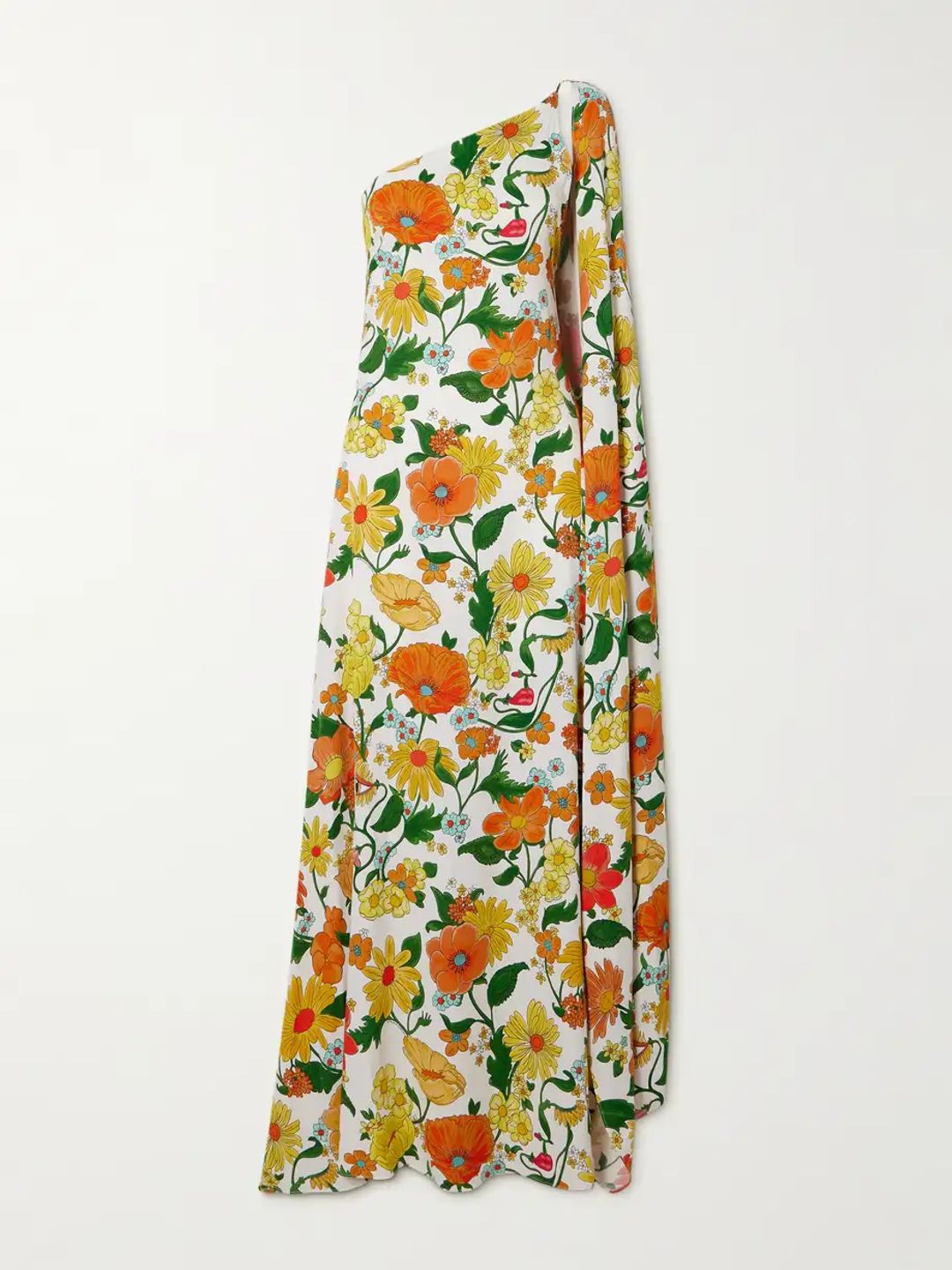 One-shoulder open-back floral-print twill gown