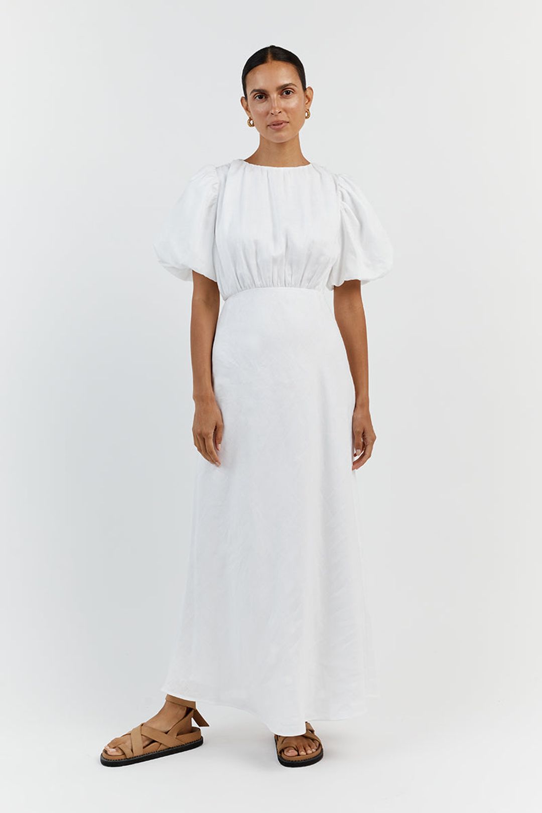 NAT WHITE LINEN GATHERED MIDI DRESS