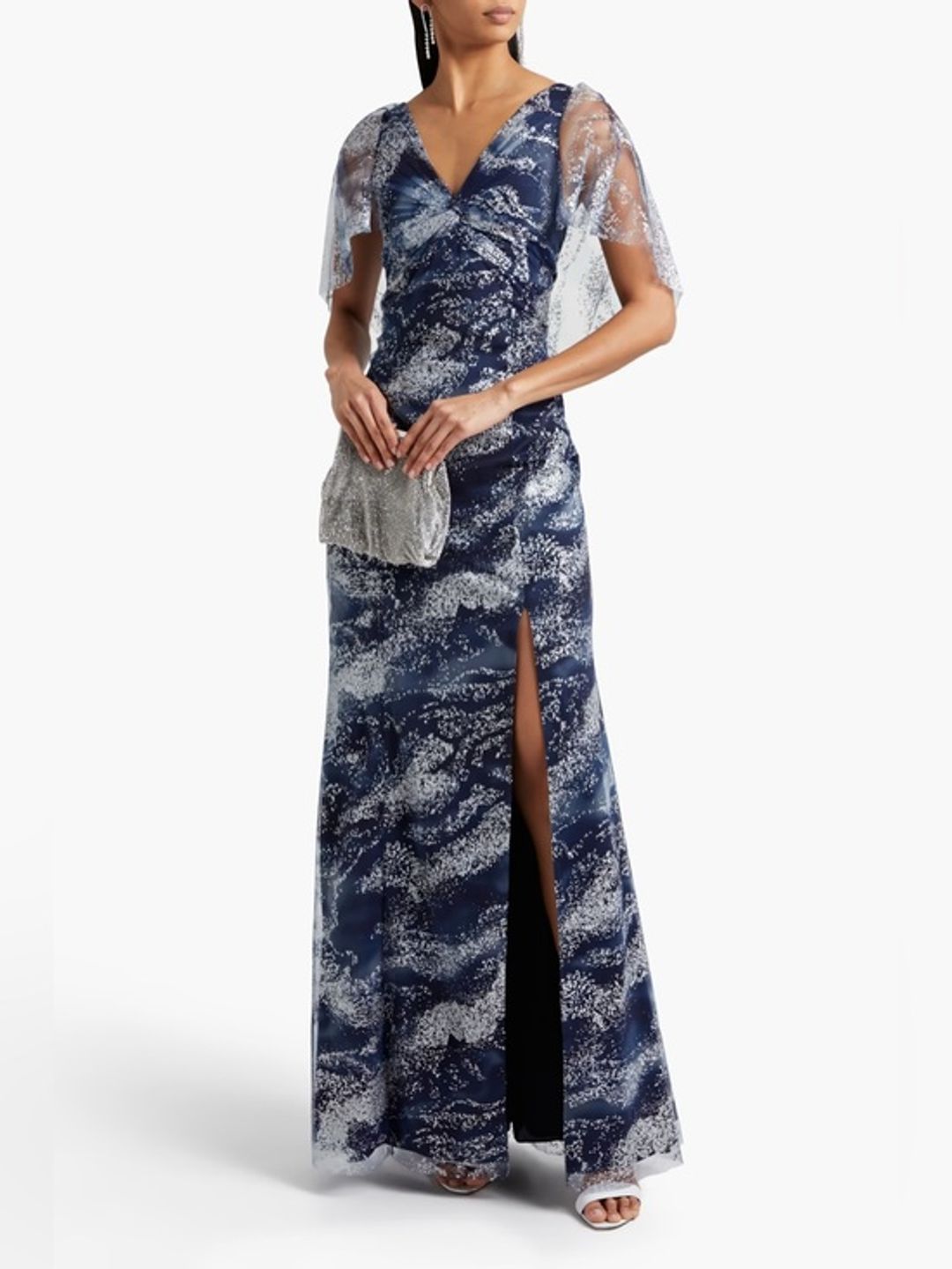 Twist-front glittered printed tulle gown