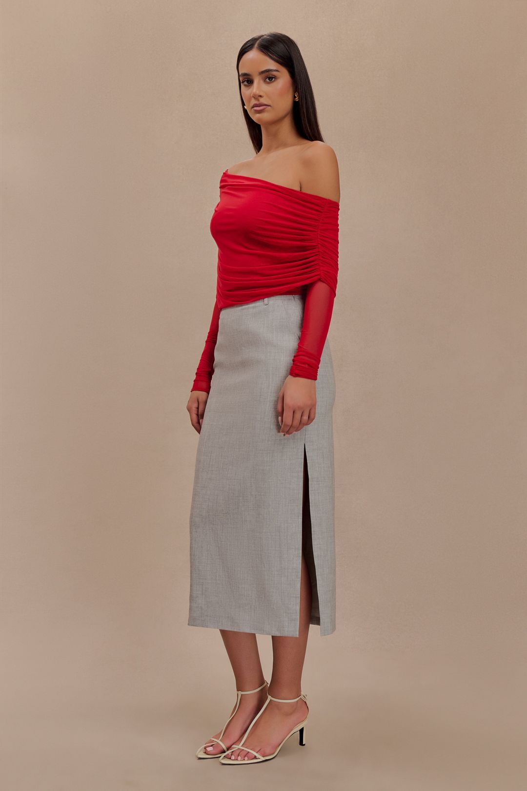 Everly Sheer Mesh Off Shoulder Top - Ruby #4