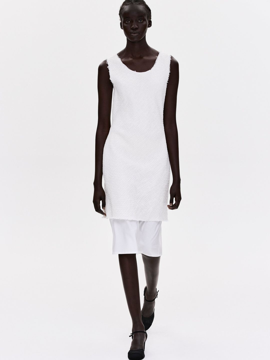 Raw Tweed Dress, White