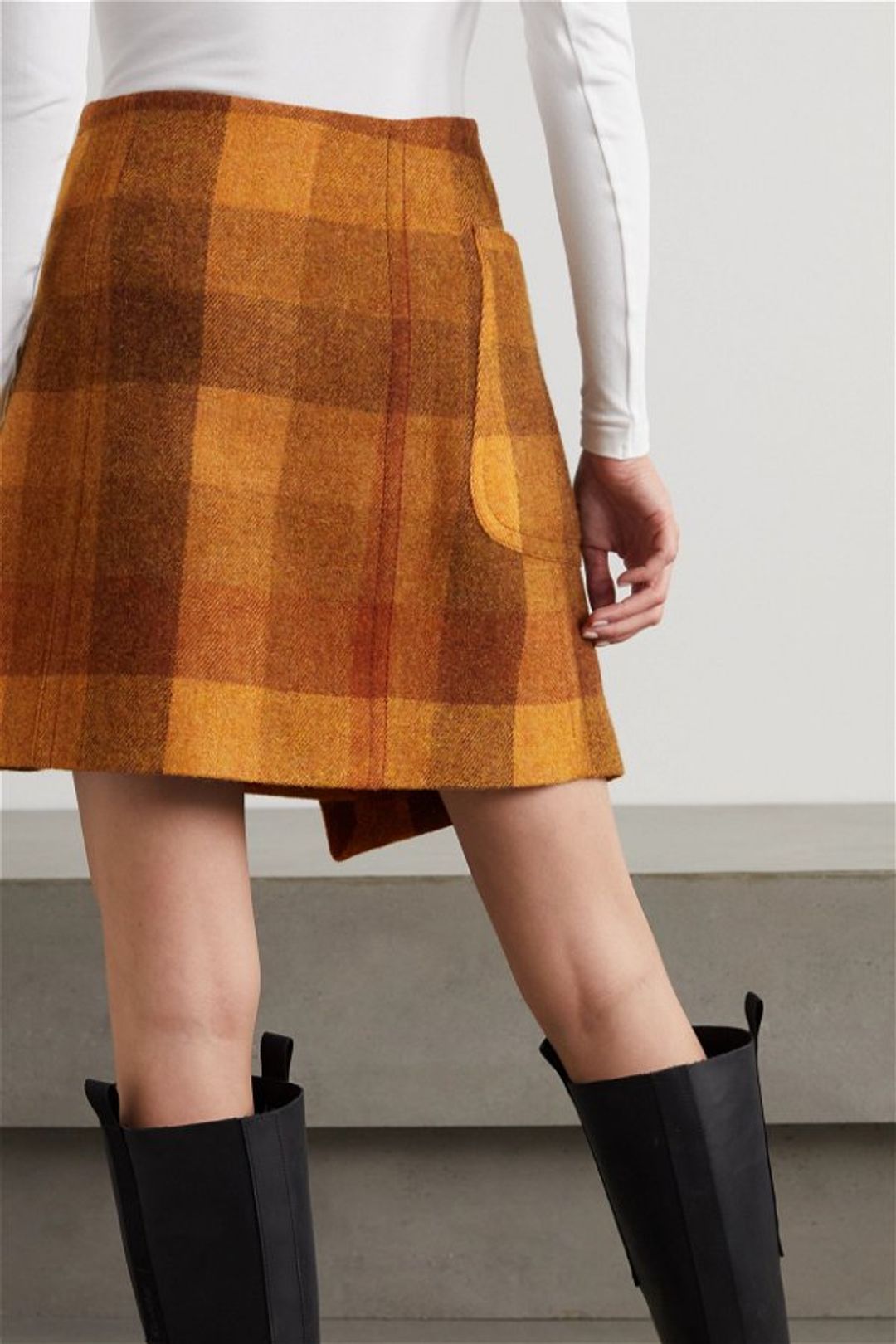 Asymmetric Checked Wool Mini Wrap Skirt