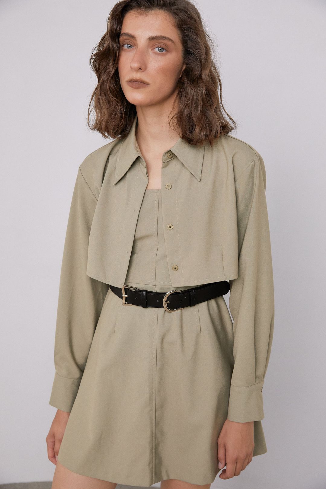 A-Line Double Buckle Belted Dress, Olive Khaki #5