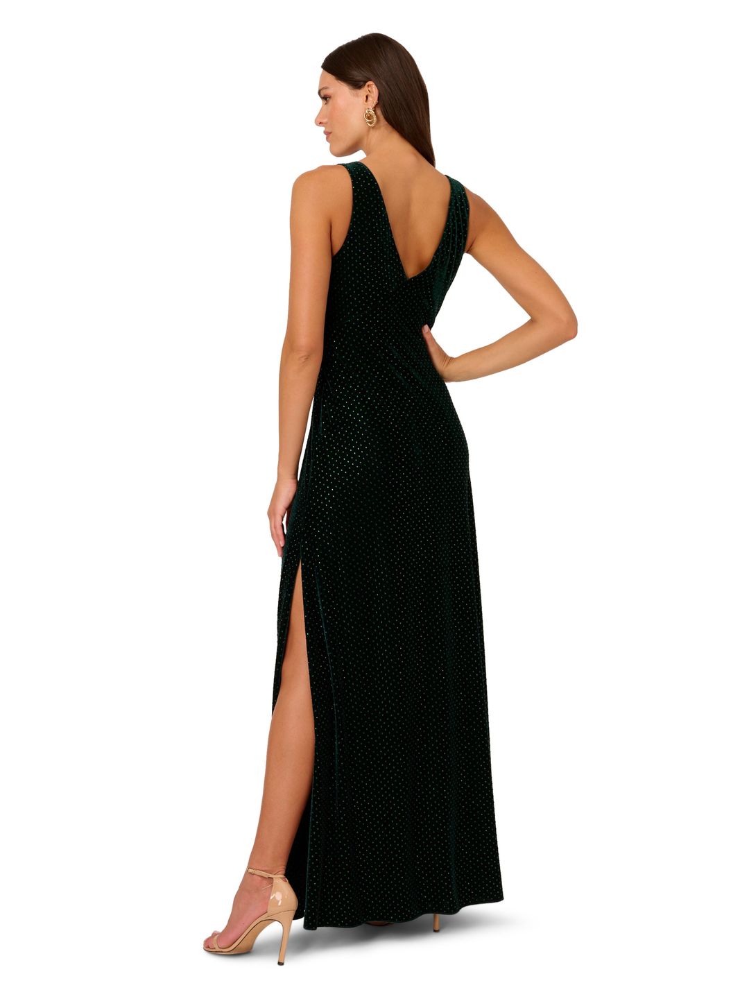 Liv Foster Metallic Dot Velvet Sleeveless Gown With Deep V-Neckline In Basil