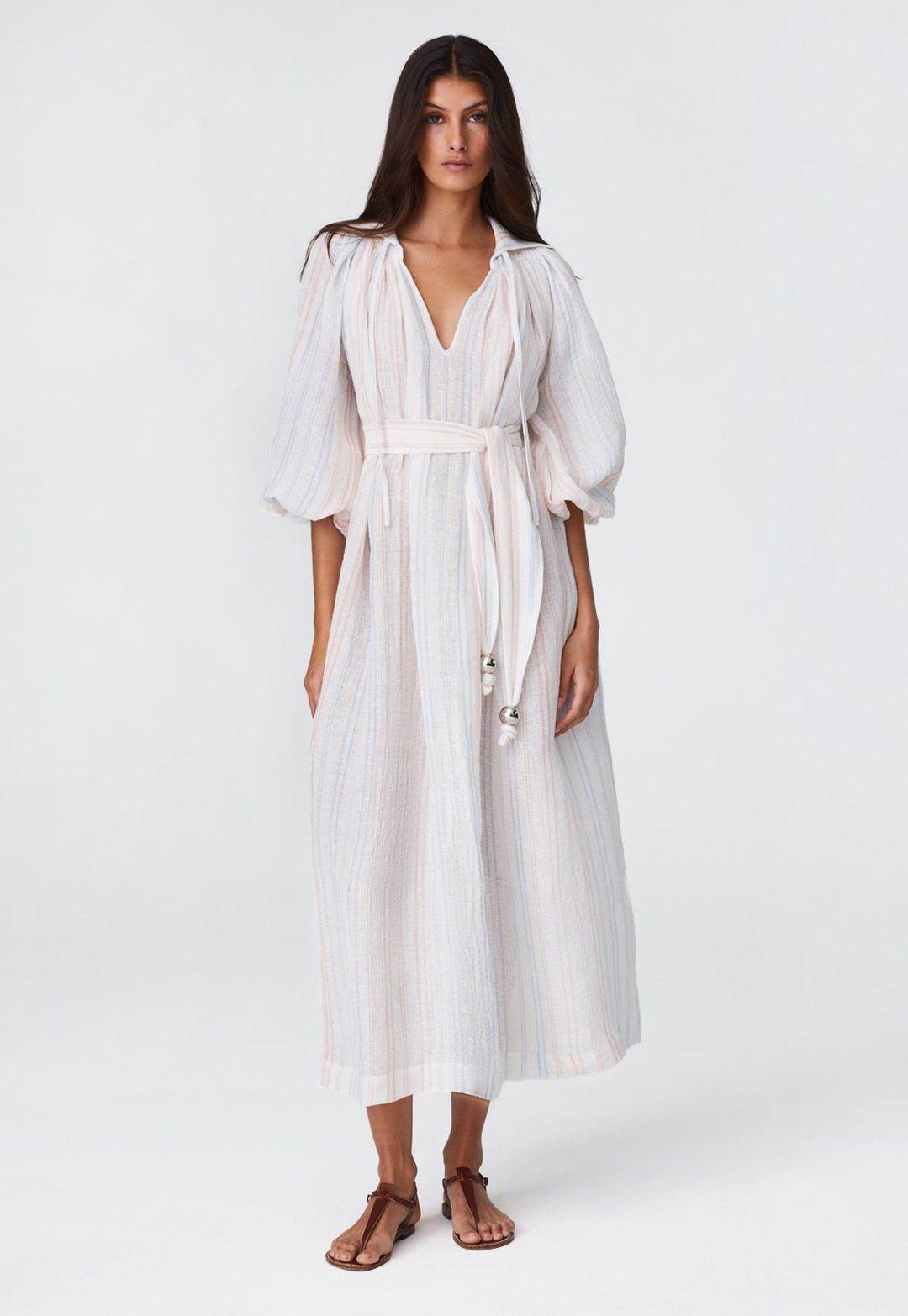THE POET DRESS in WHITE & PINK & BLUE STRIPED GAUZE