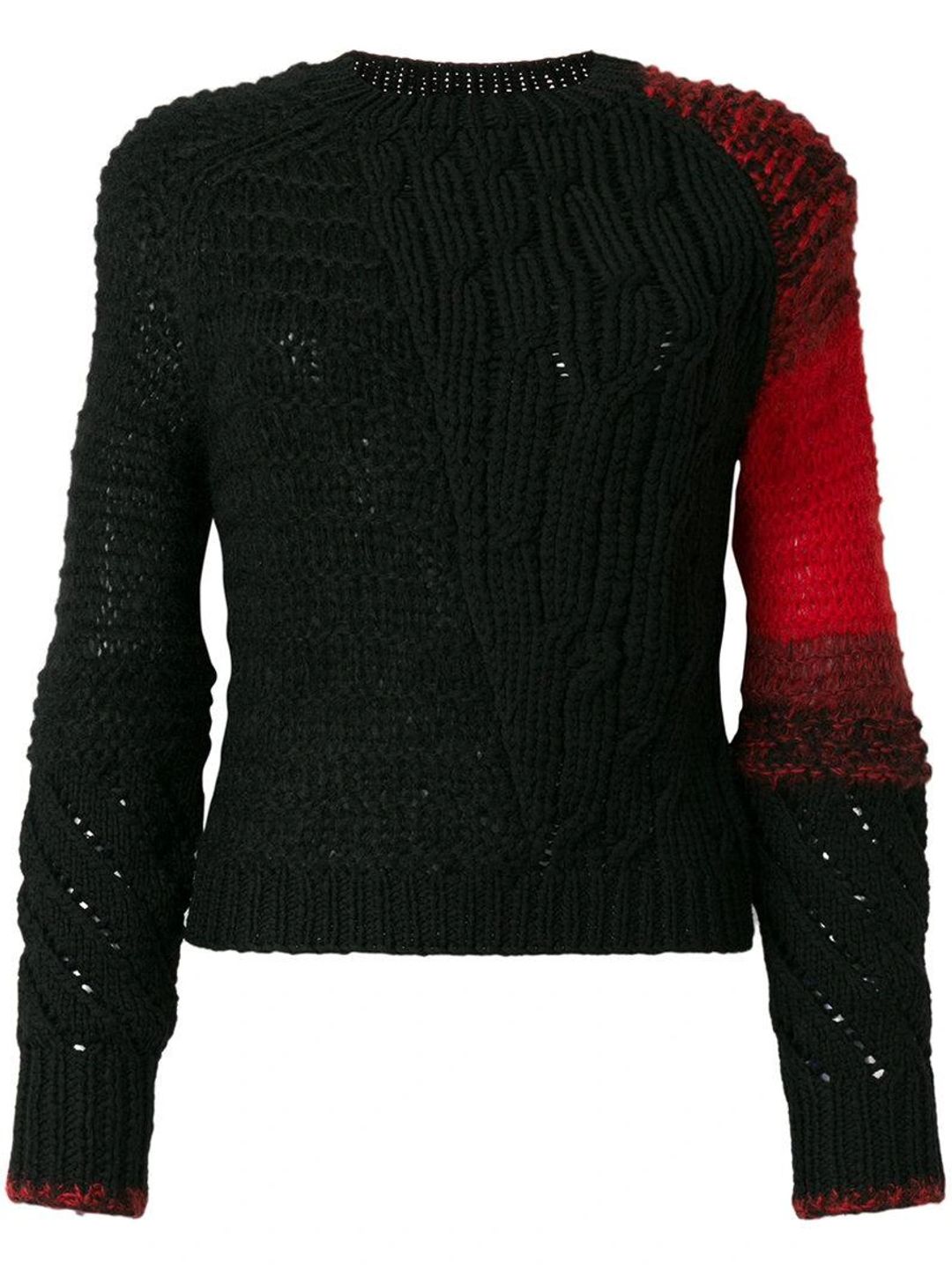 Patchwork Cable-knit Crewneck Wool Sweater In Black