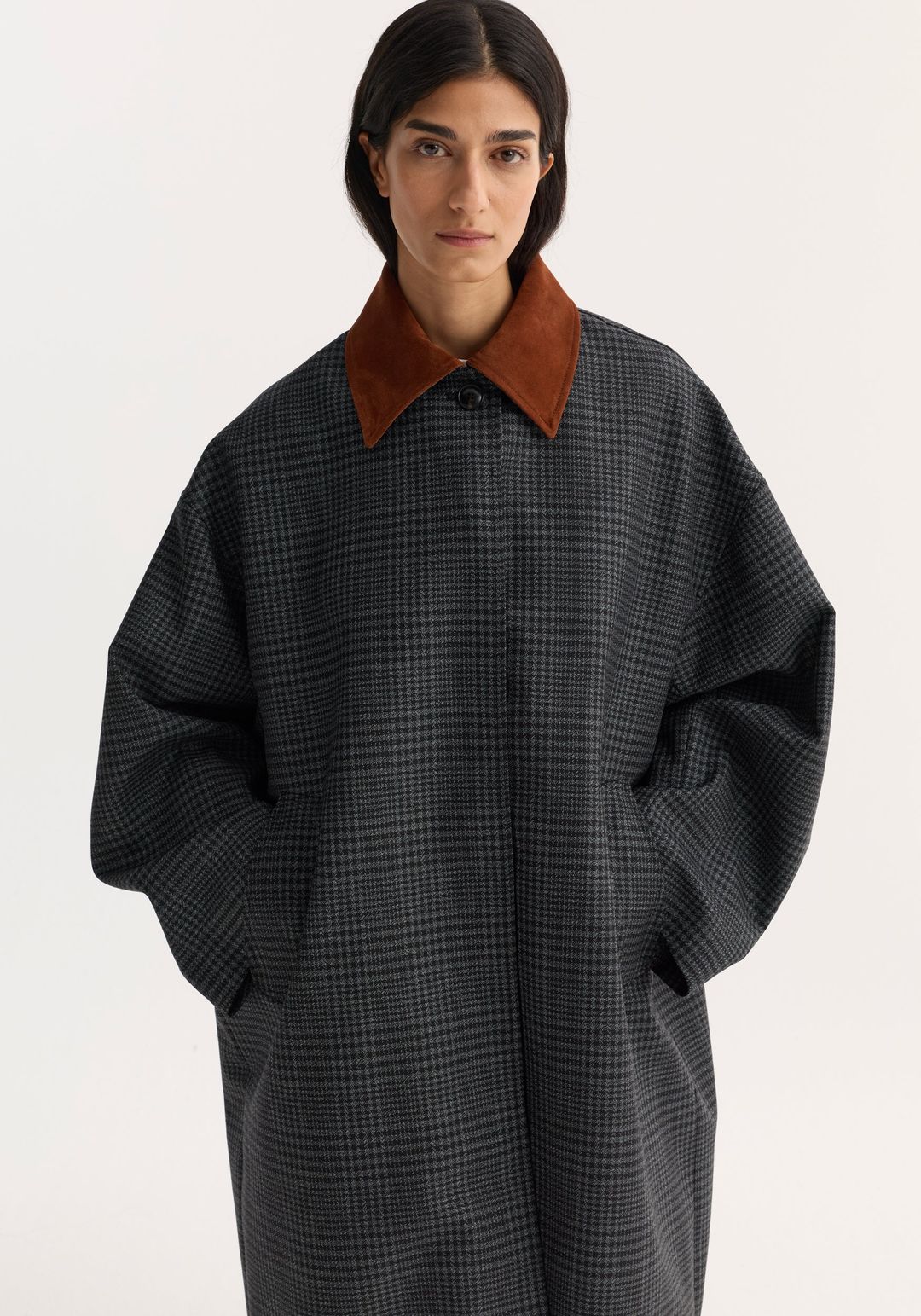 Suede collar check coat | black / grey check #3