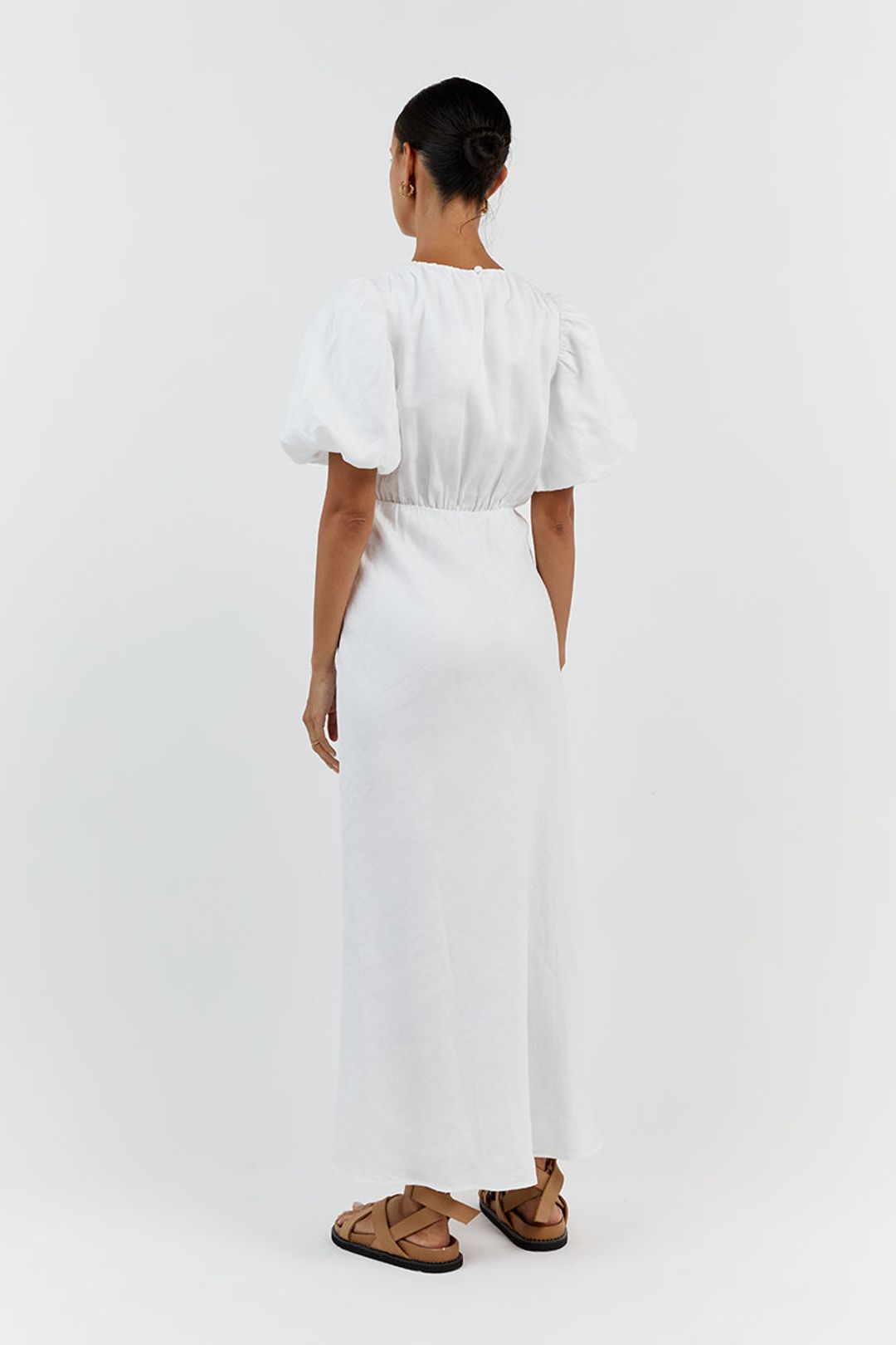 NAT WHITE LINEN GATHERED MIDI DRESS #4