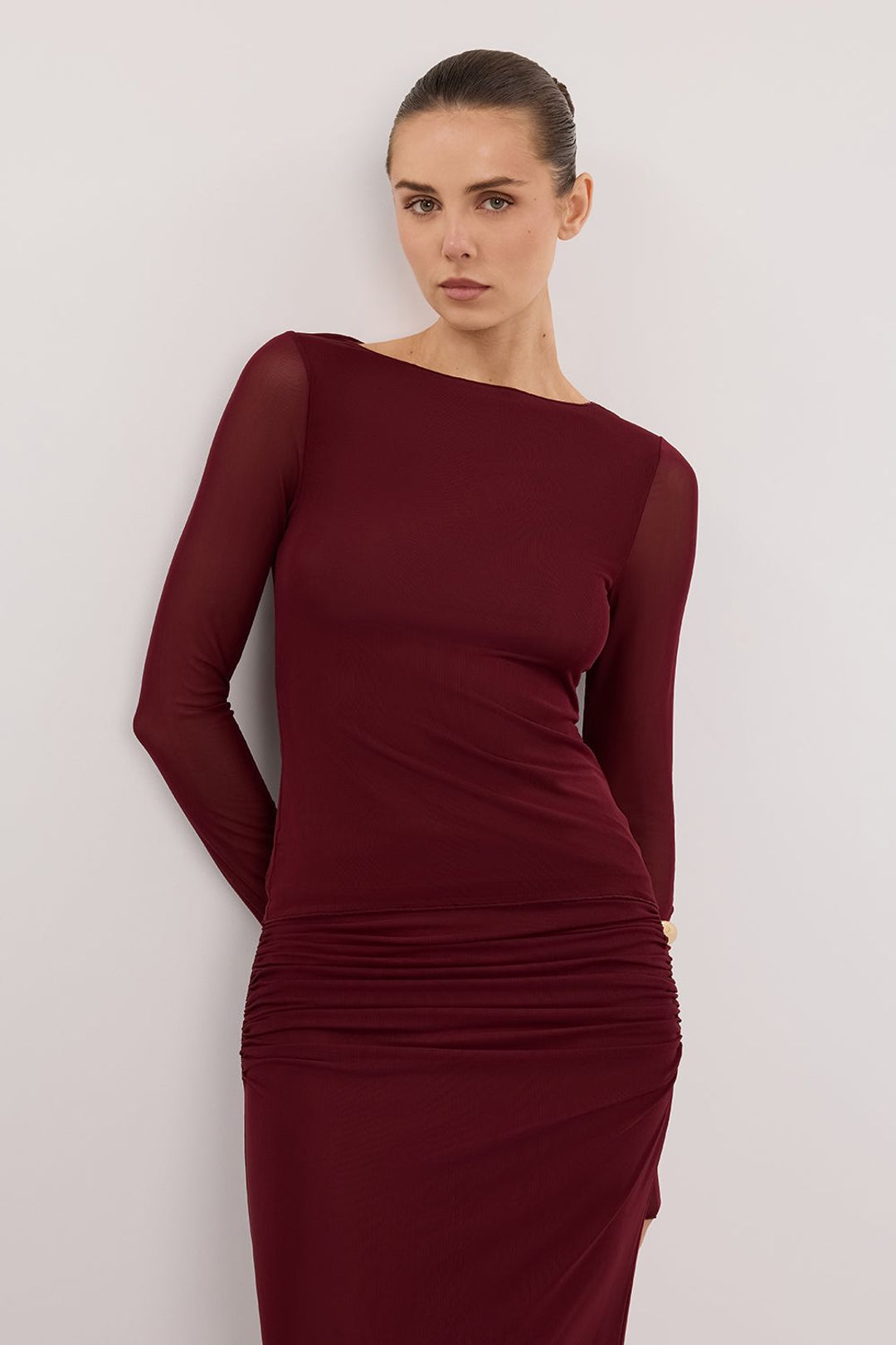 NYRA WINE LONG SLEEVE MESH TOP