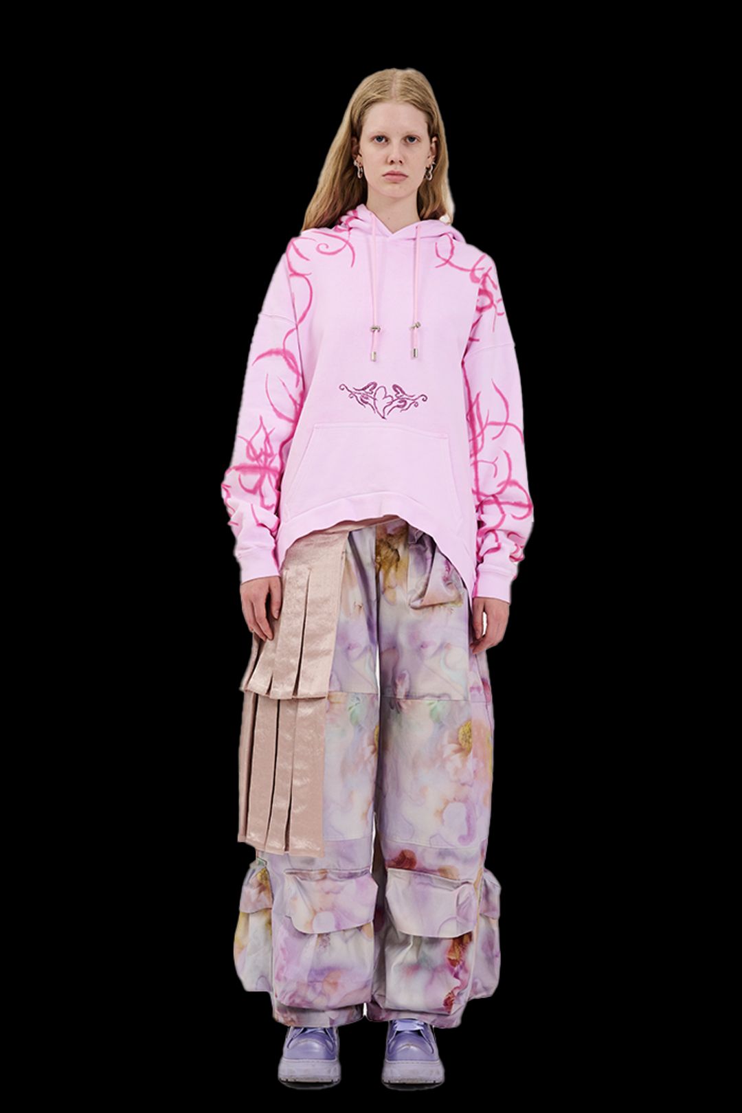 TATTOO PINK RHINESTONE ROUND HEM HOODIE