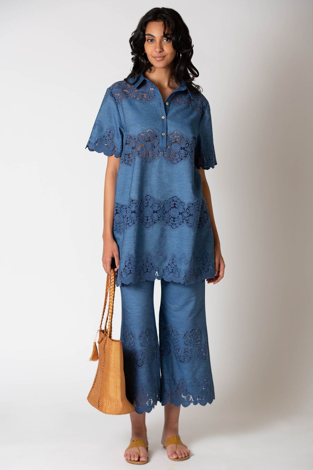 Elle Embroidered Tunic Dress in Indigo Denim