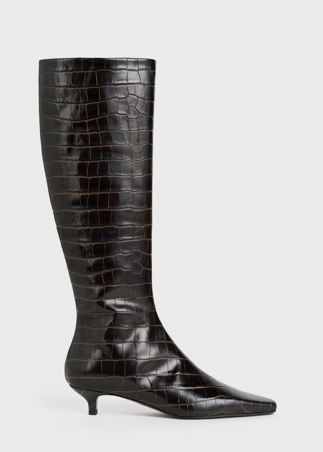 Slim croco-embossed knee-high boots dark brown #6