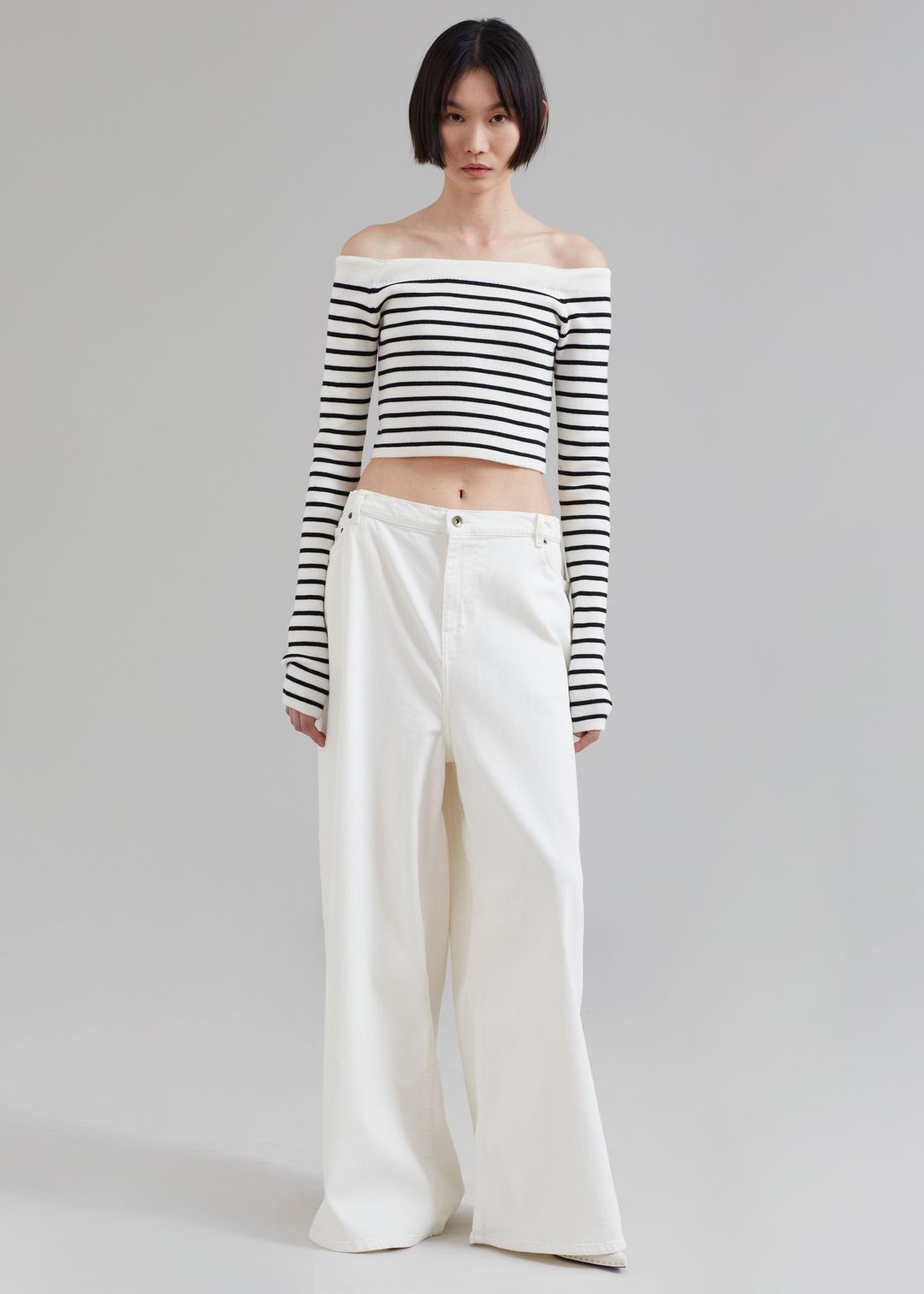 Coco White Off Shoulder Sweater - Black Stripe #5