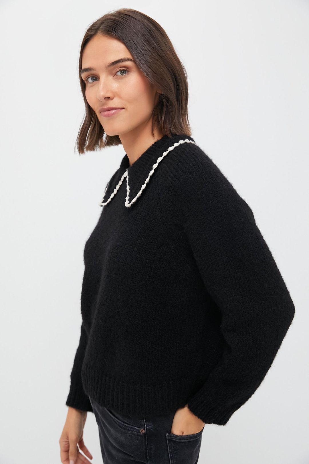 Black with Soft White Crochet Collar Pullover #3