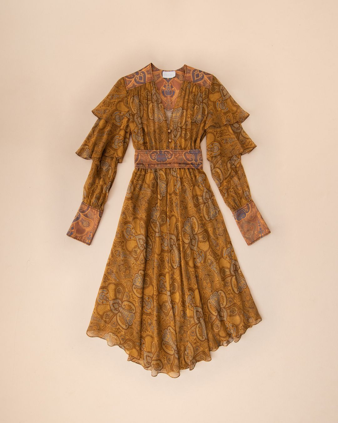 The Celeste Ruffle Sleeve Printed Dress In Ochre