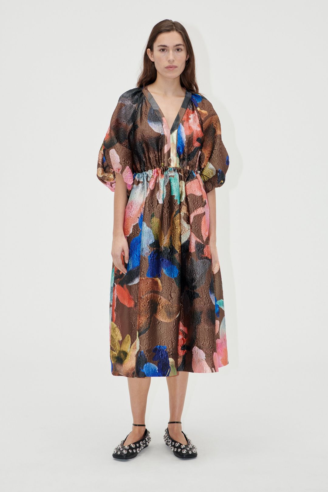 Three-Quarter Sleeve Elasticated Midi Dress - Aquarelle Garden #3