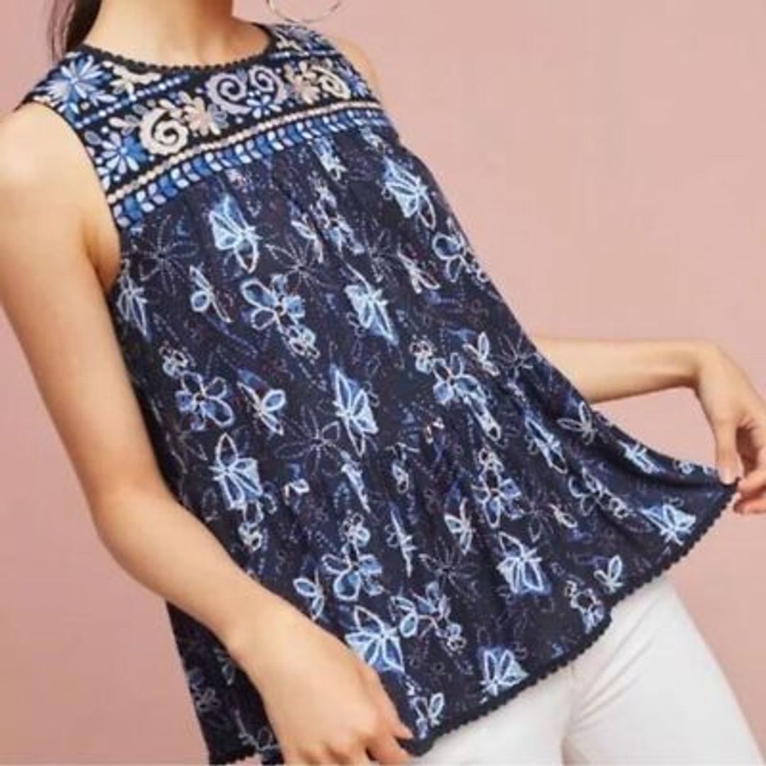 Anthropologie Blue Embroidered Floral Top #11