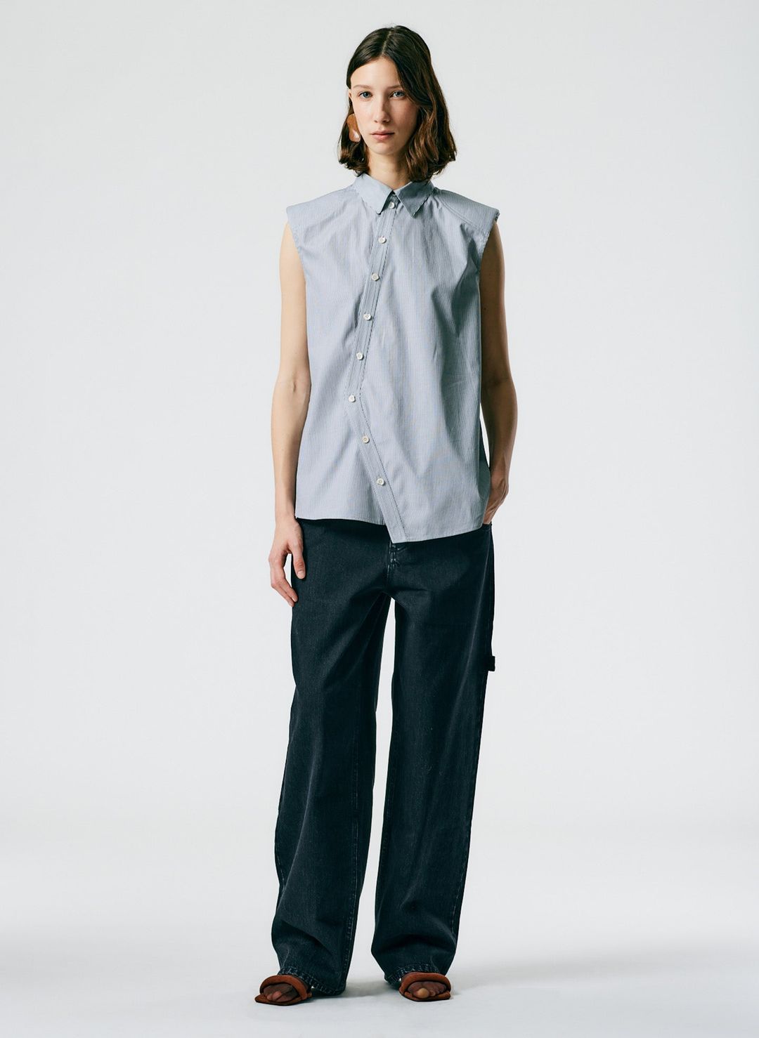 Micro Stripe Sleeveless Shoulderpad Shirt #7