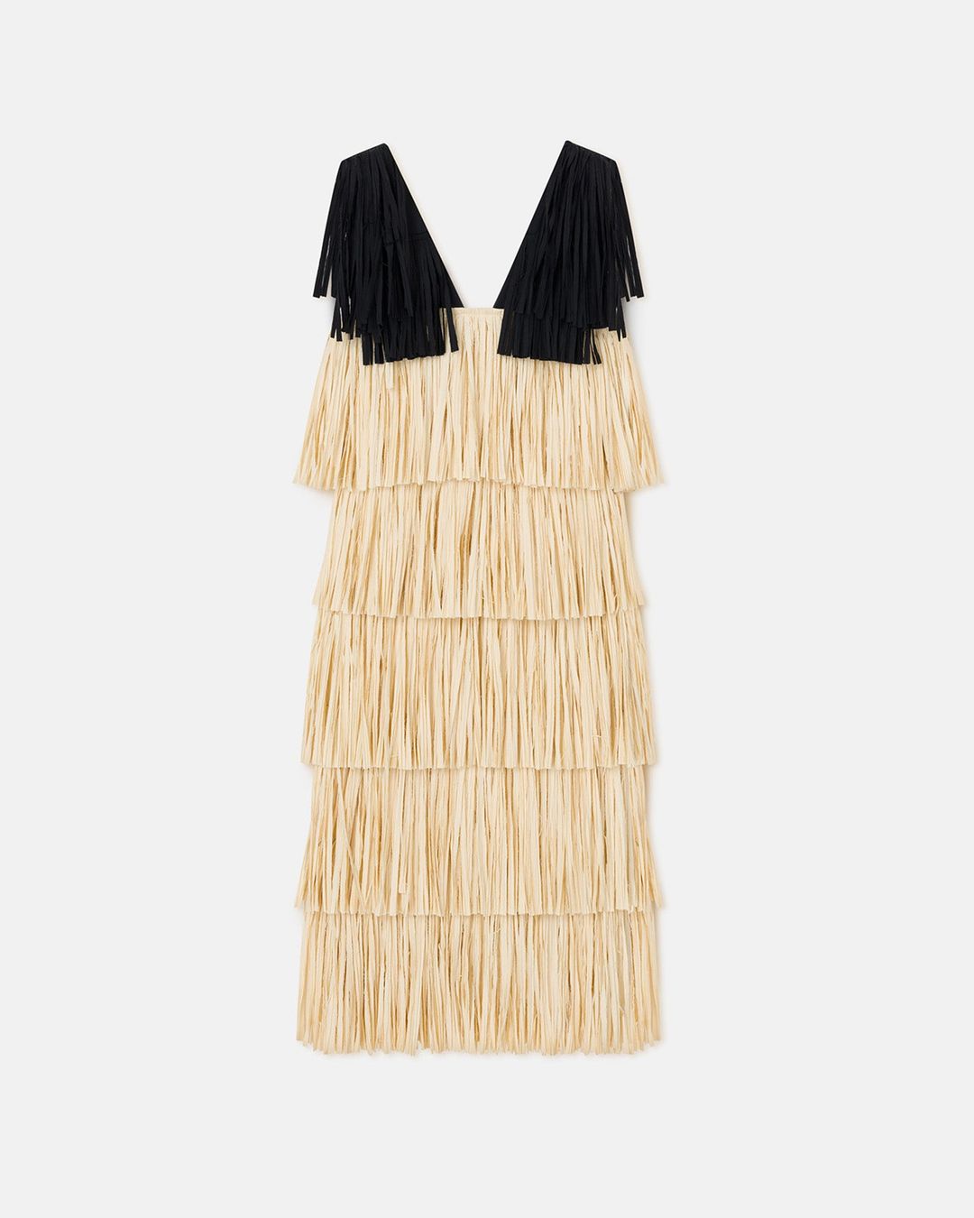 Uxia - Fringed Midi Dress - Creme/Off Black