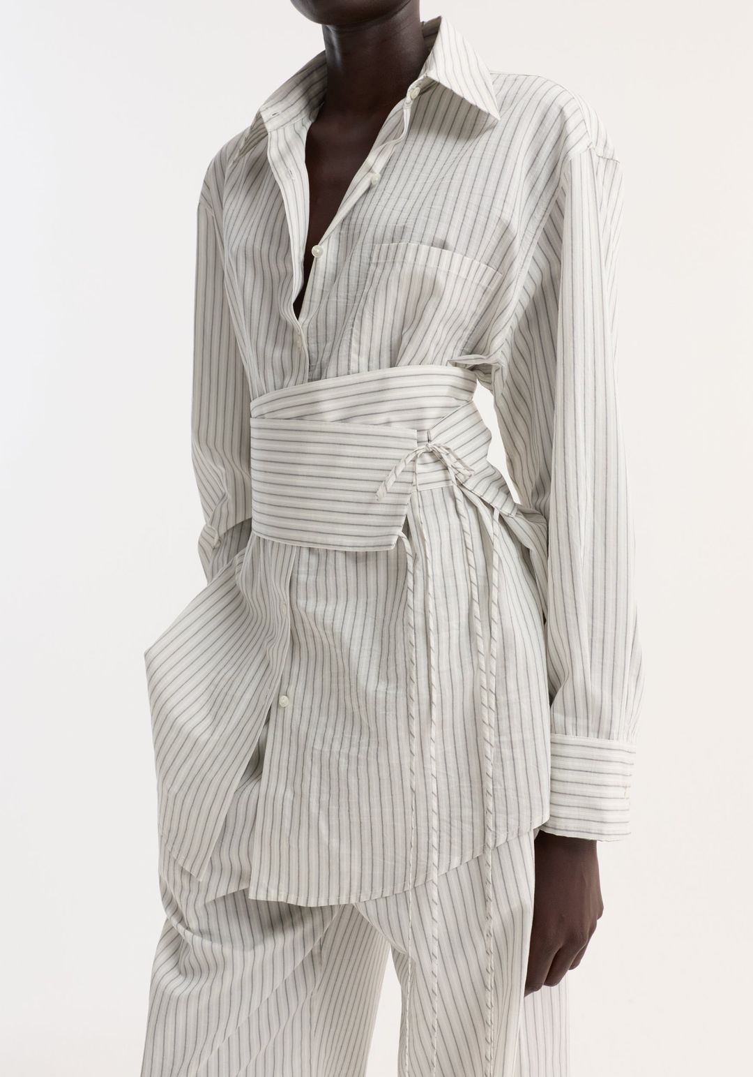 Silk stripe belted shirt | fine stripe #3