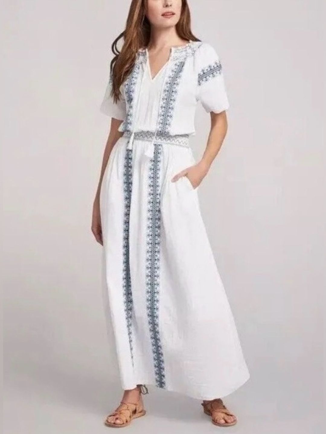 Faherty Catrina White Maxi Dress with Blue Embroidered Panels