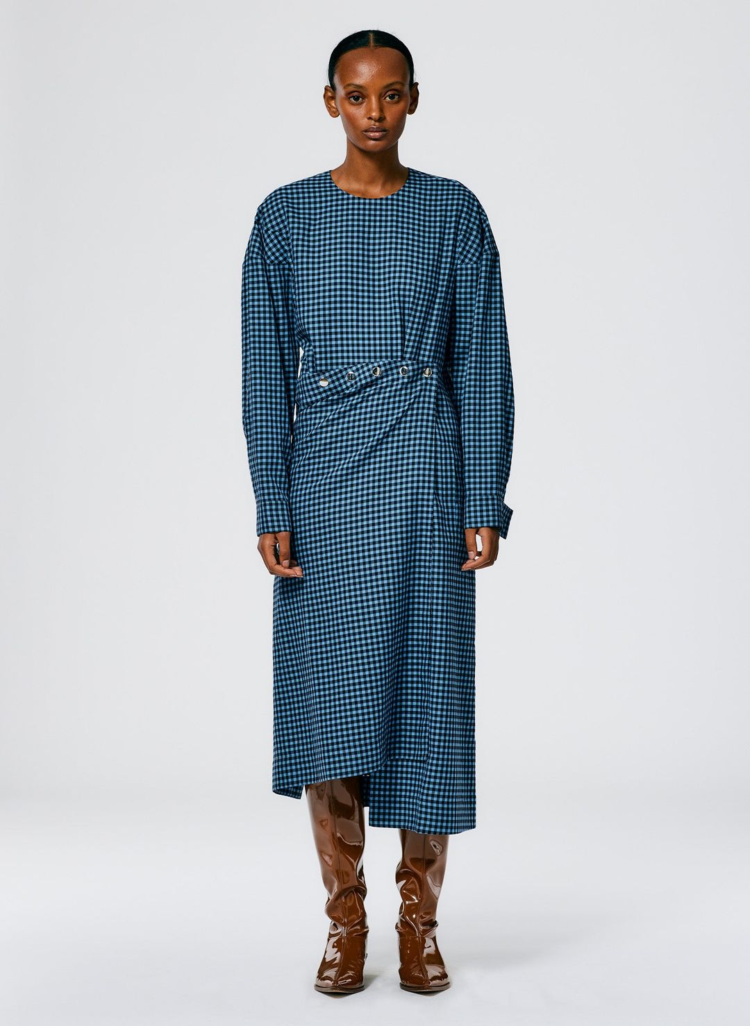 Pascale Gingham Asymmetric Flap Snap Dress