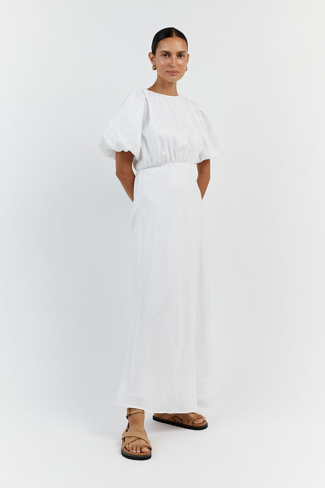 NAT WHITE LINEN GATHERED MIDI DRESS #3