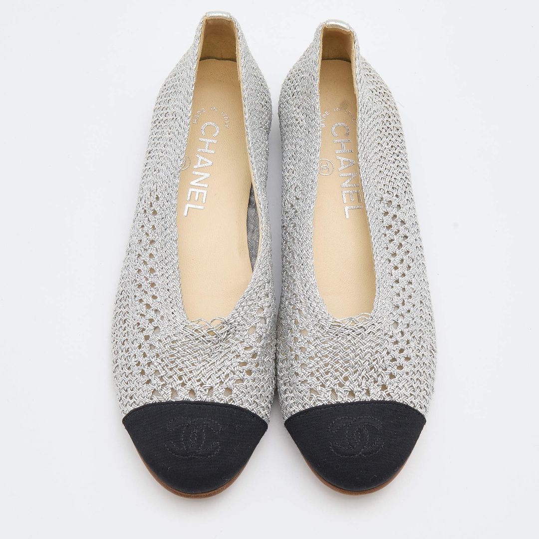 Woven Mesh and Fabric Ballet Flats in Silver and Black