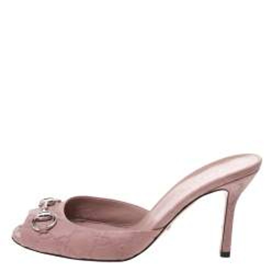 Leather Guccissima Peep Toe Horsebit Slides Sandals in Pale Pink #3