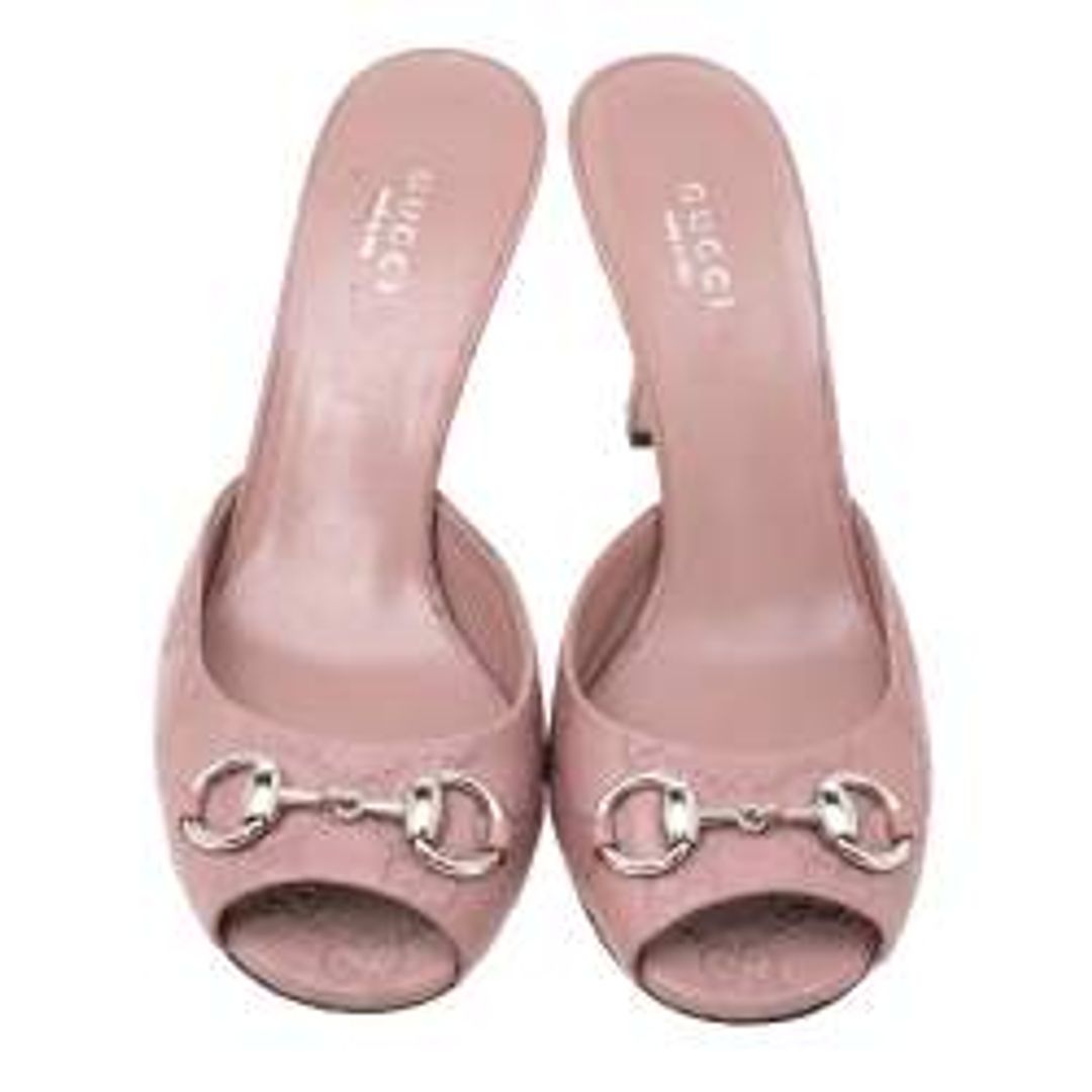 Leather Guccissima Peep Toe Horsebit Slides Sandals in Pale Pink
