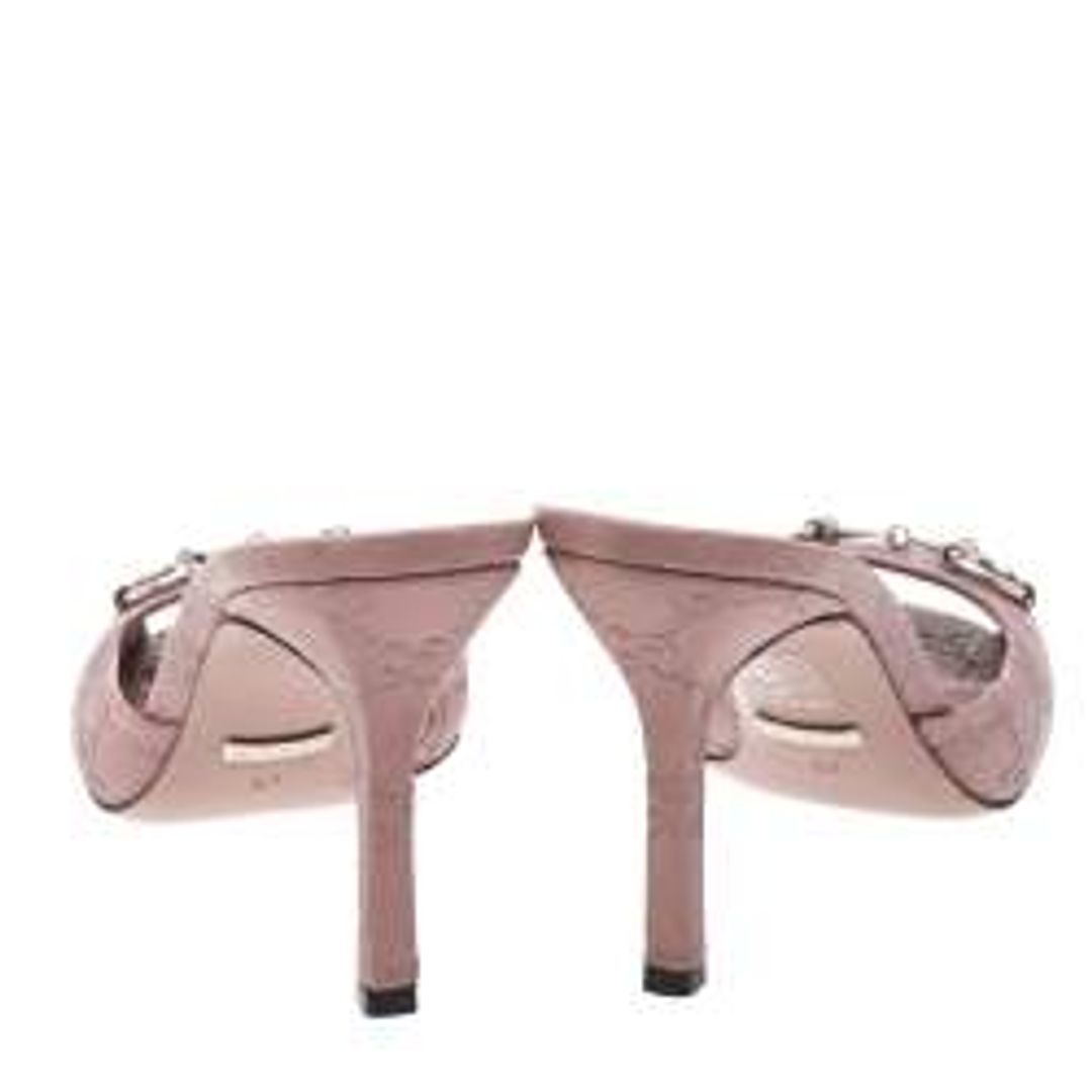 Leather Guccissima Peep Toe Horsebit Slides Sandals in Pale Pink #4