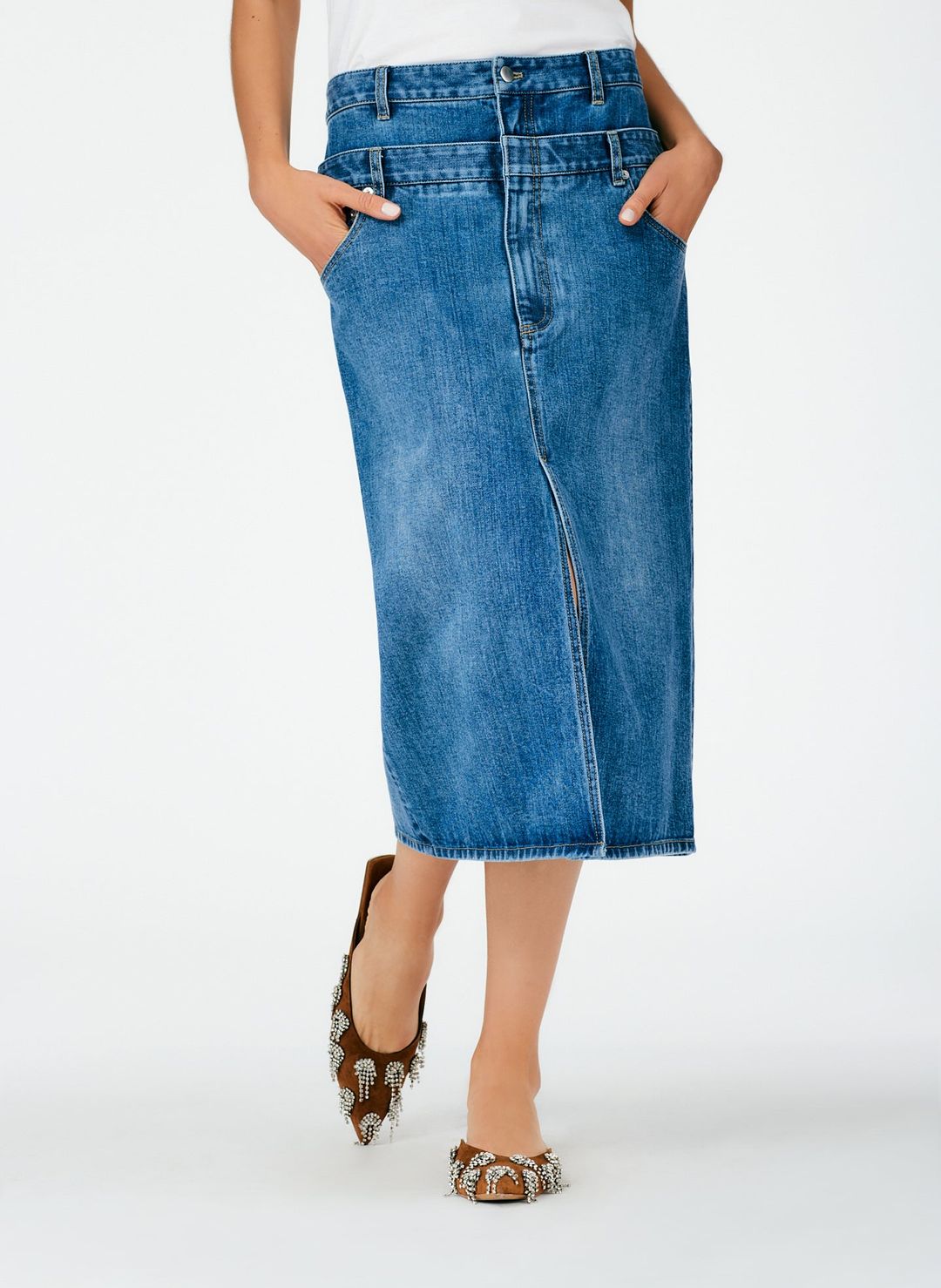 Classic Wash Double Waisted Denim Skirt #5