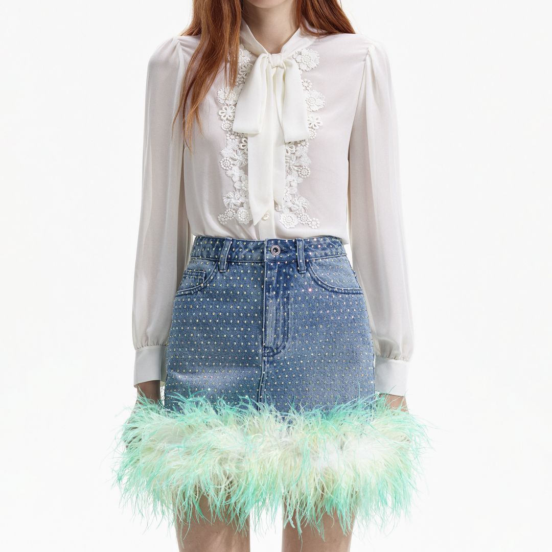Blue Rhinestone Feather Denim Skirt #4