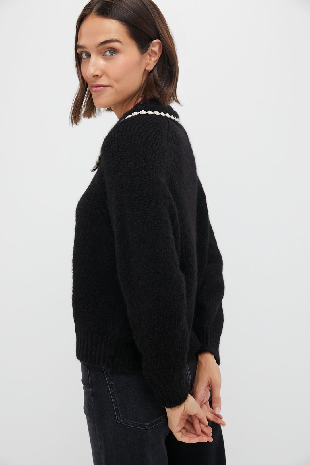 Black with Soft White Crochet Collar Pullover #4