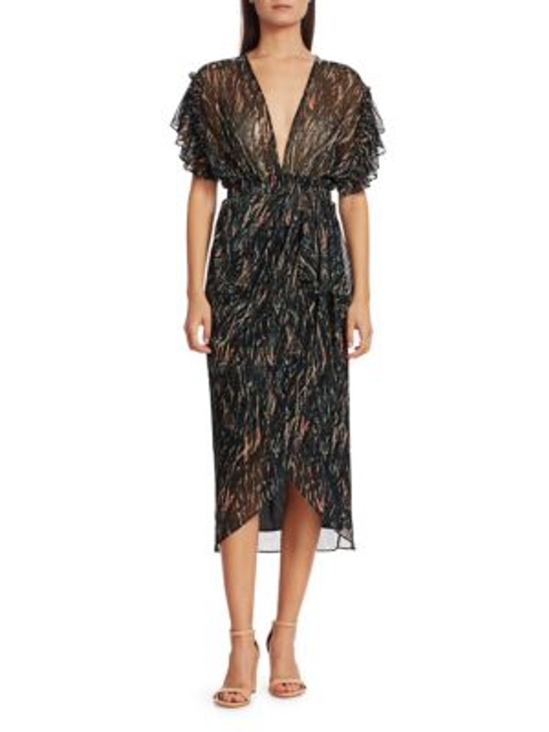 Gargas Metallic Print Faux Wrap Midi Sheath Dress