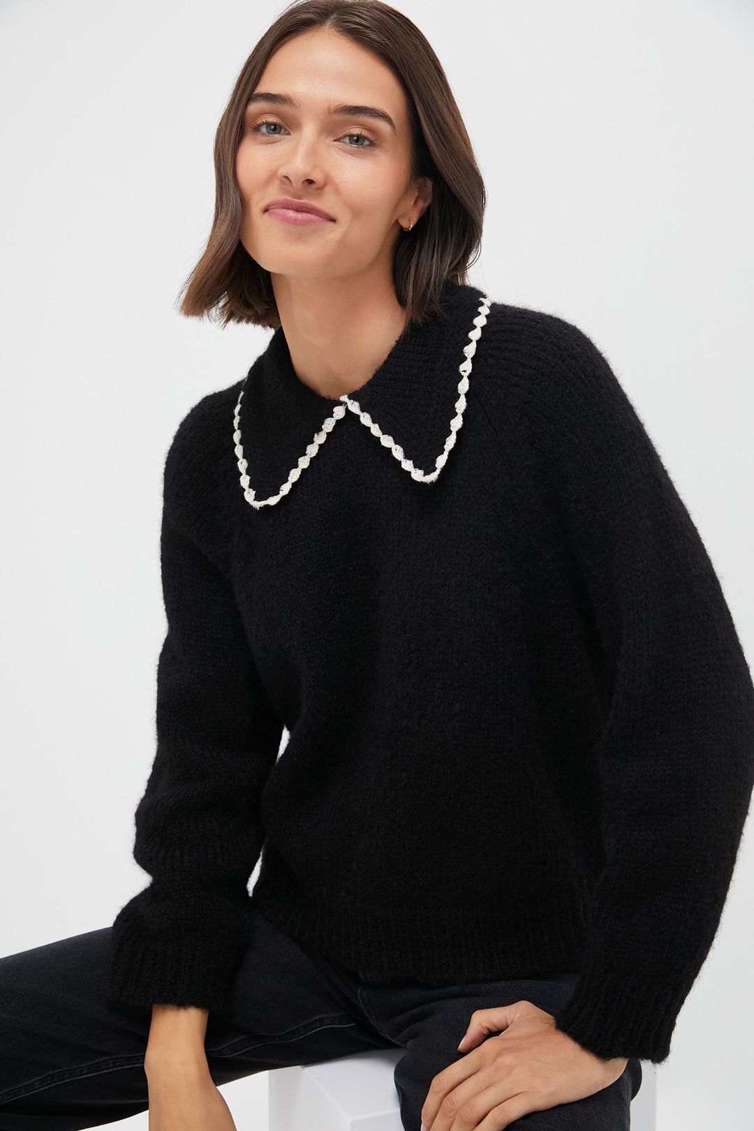 Black with Soft White Crochet Collar Pullover #7