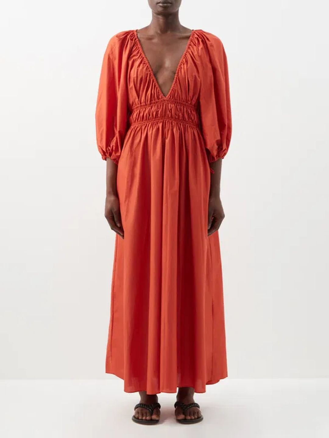 Plunge-neck gathered organic-cotton maxi dress