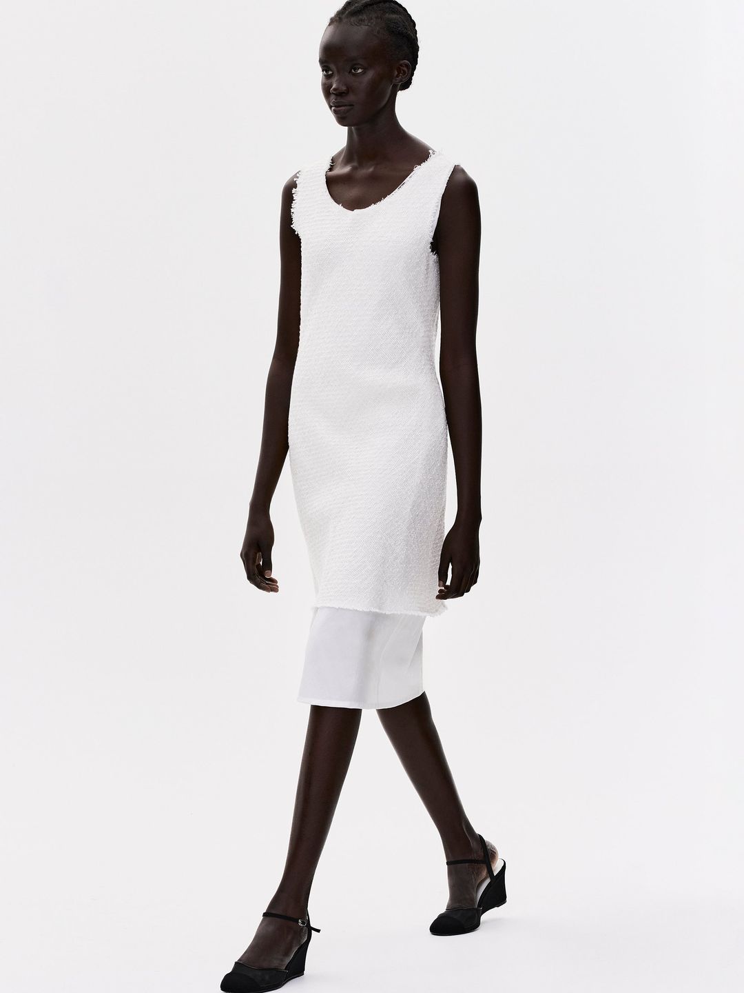 Raw Tweed Dress, White #3