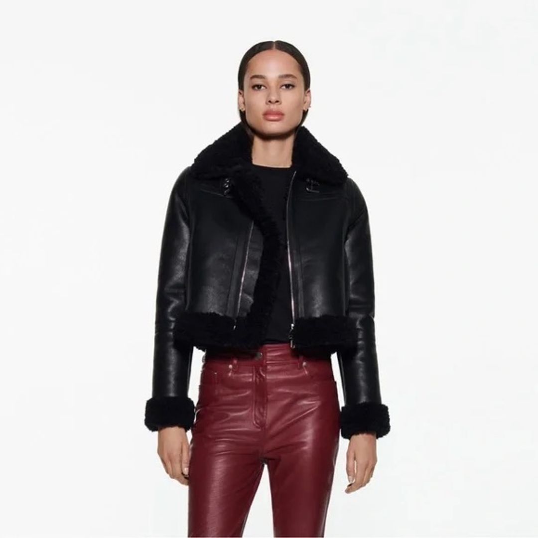 Black Leather Sherpa Shearling Faux Fur Cropped Jacket #2