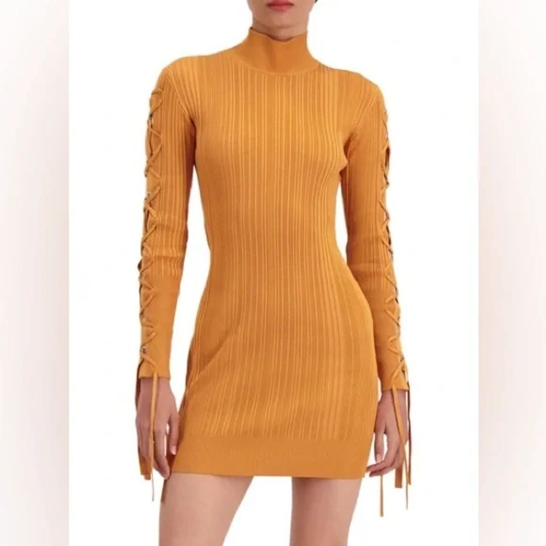 Ribbed Side Long Sleeve Lace Up Dress in Orange #3