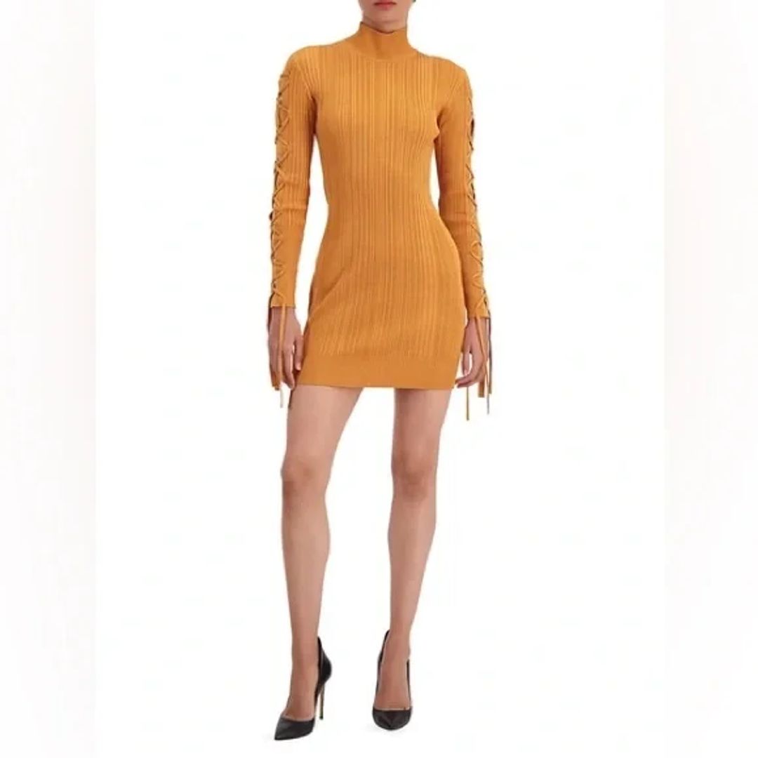 Ribbed Side Long Sleeve Lace Up Dress in Orange